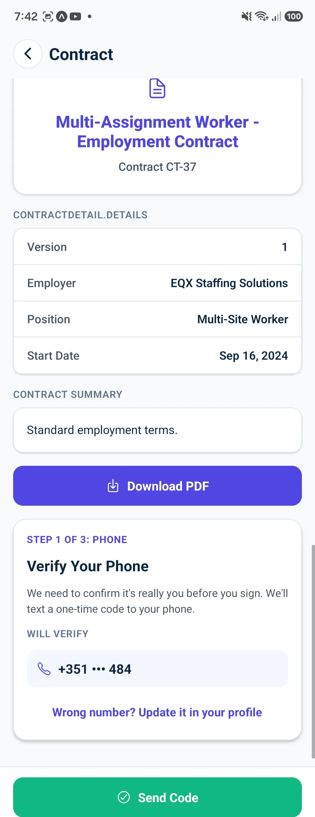 Chegatta app contract with verify phone and send code