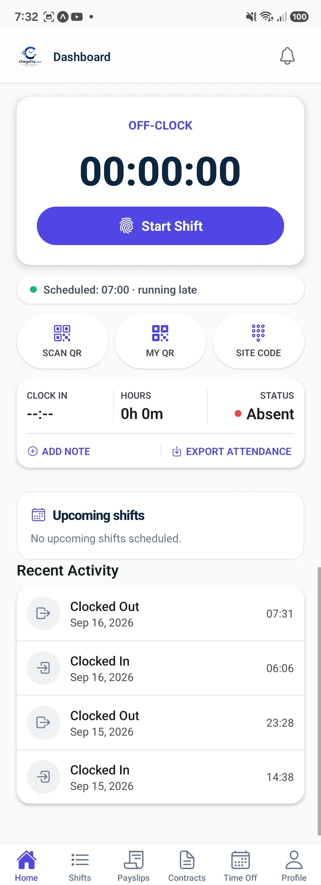Chegatta app dashboard off-clock with Start Shift