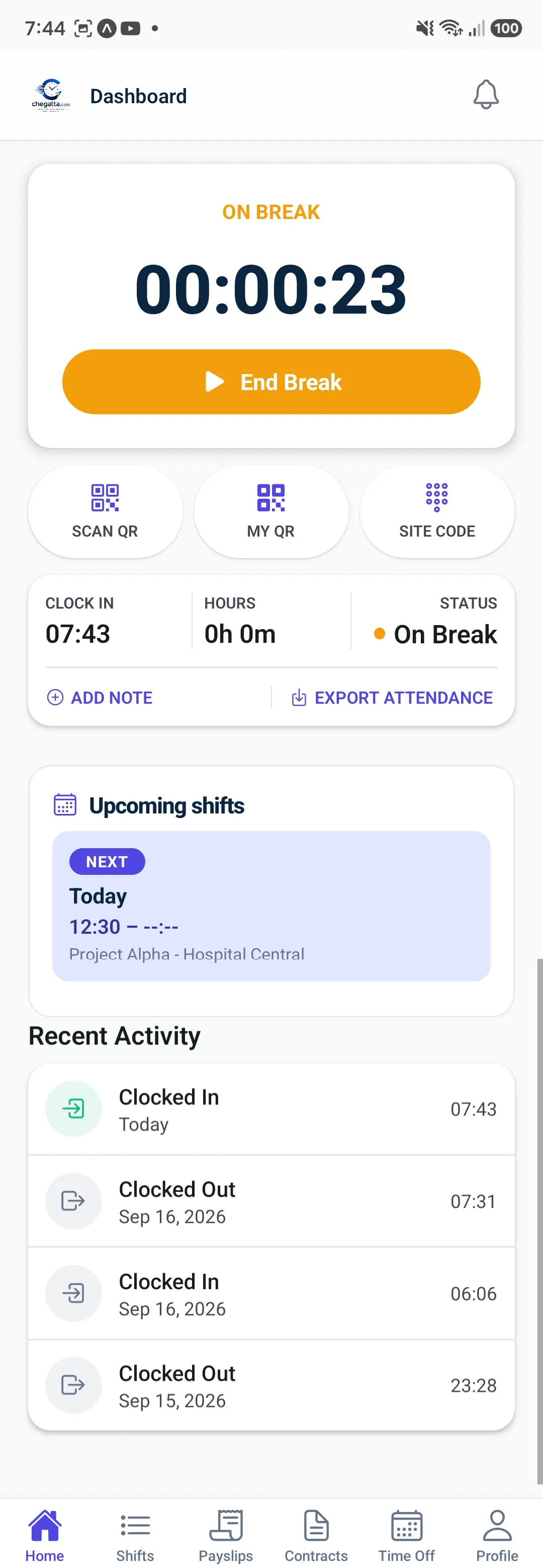 Chegatta app on break with End Break timer