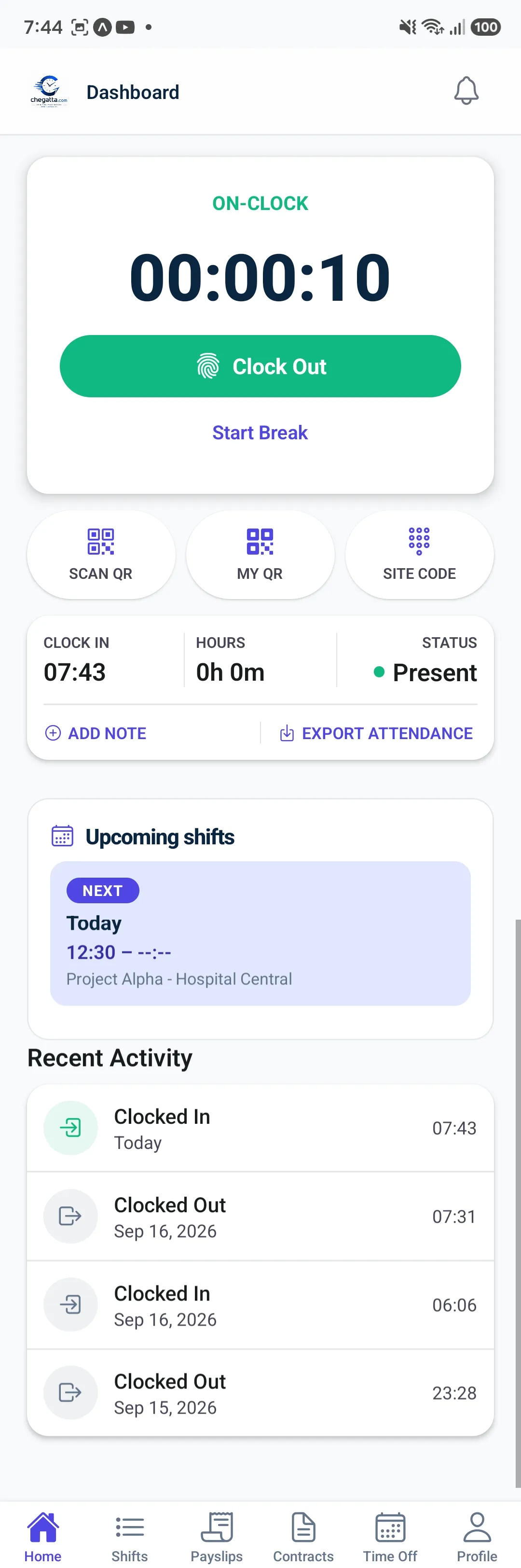 Chegatta app on-clock timer with Clock Out and Start Break
