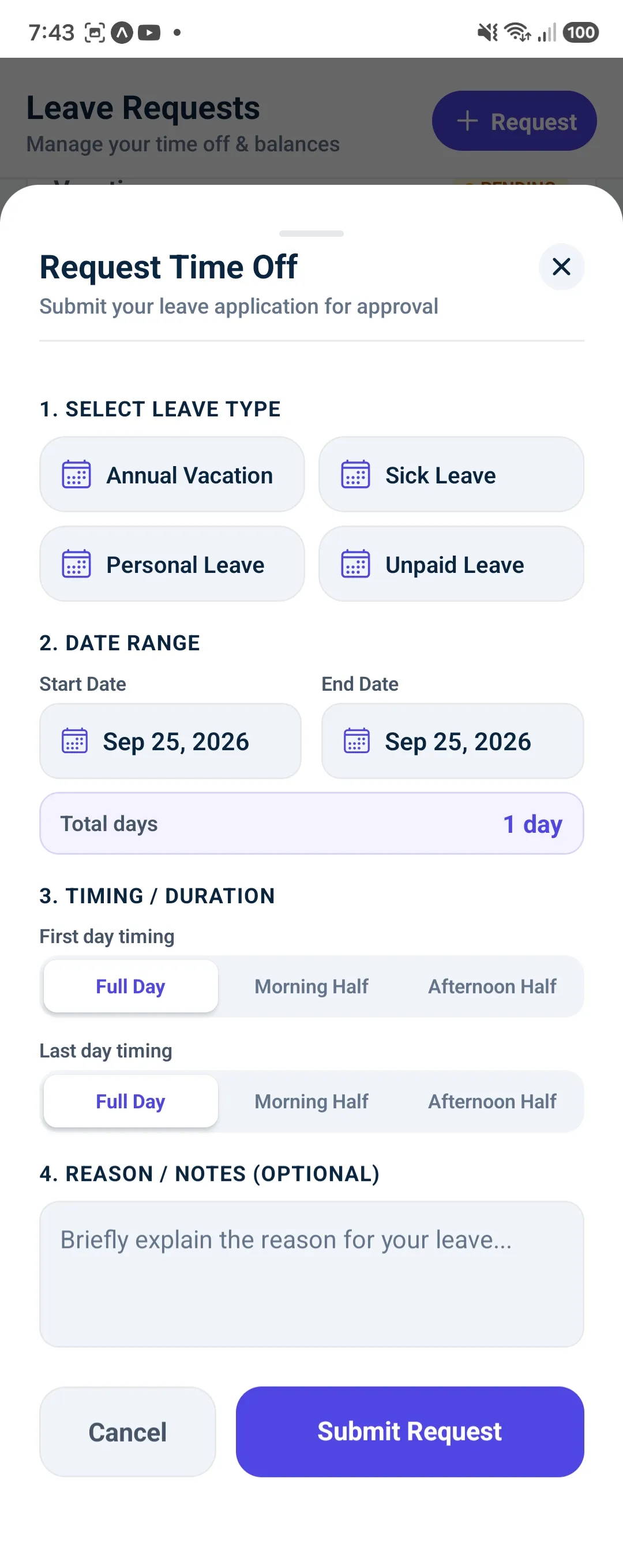 Chegatta app request time off form with leave type and date range