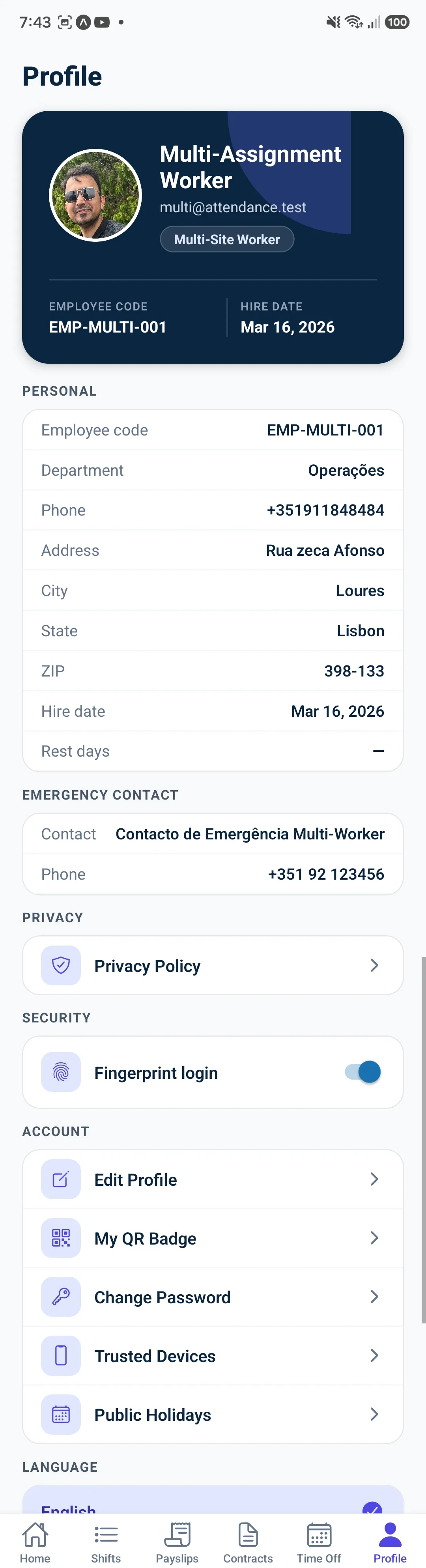 Chegatta app profile with employee code and personal data